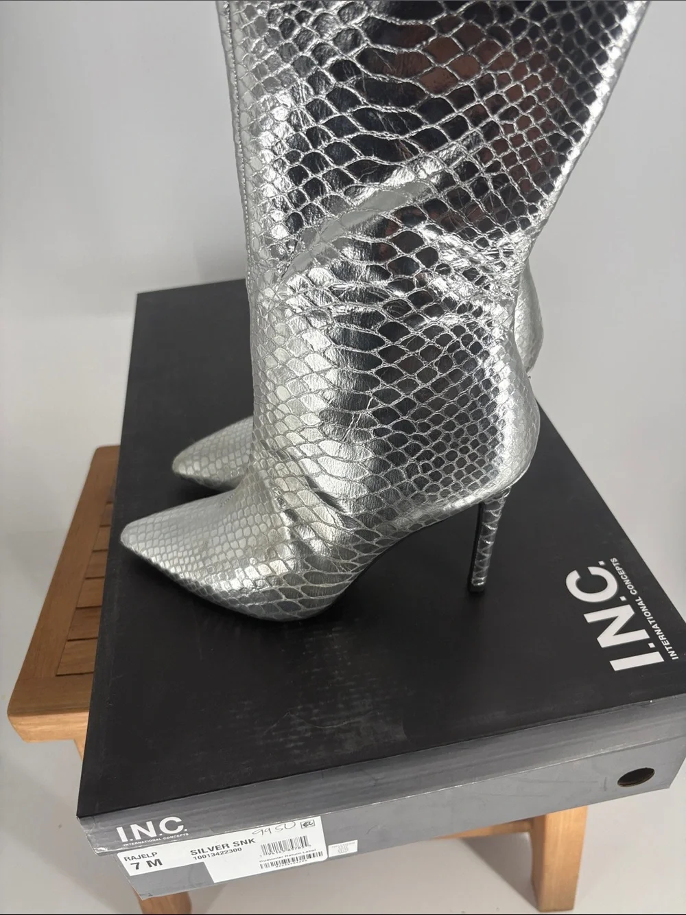 NEW INC Silver Snake-Embossed Knee-High Stiletto Boots size 7M